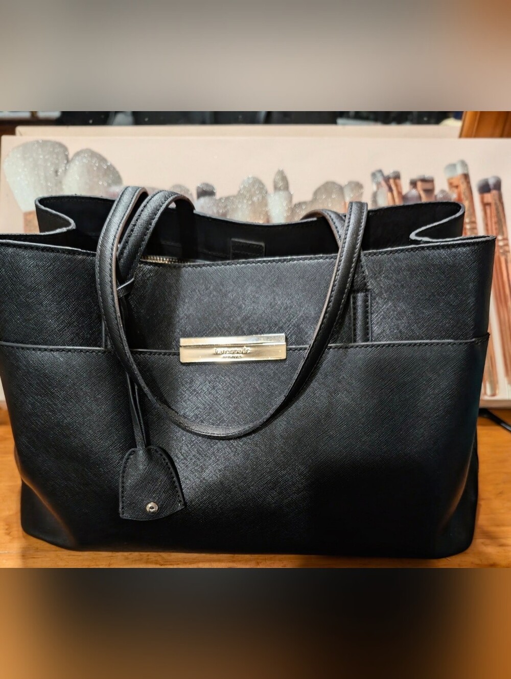 Kate Spade Large Black Saffiano Tote with Gold Plaque.